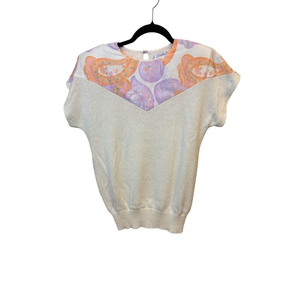 Leslie Fay Vintage Knit Top Short Sleeve‎ Paisley Print Blouse